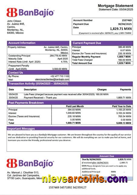 Mexico BanBajío mortgage statement Word and PDF template